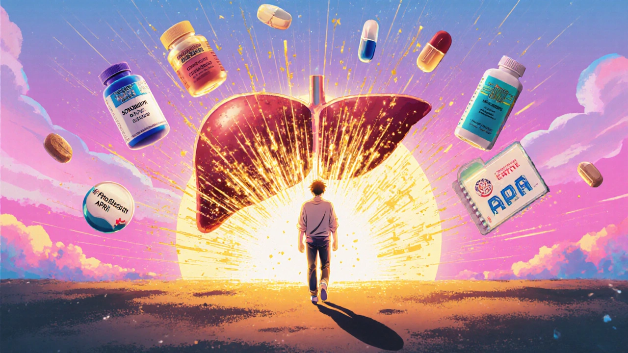 A healed liver radiating light as efavirenz pills shatter, with cure symbols floating around a patient walking toward sunrise in 80s anime style.