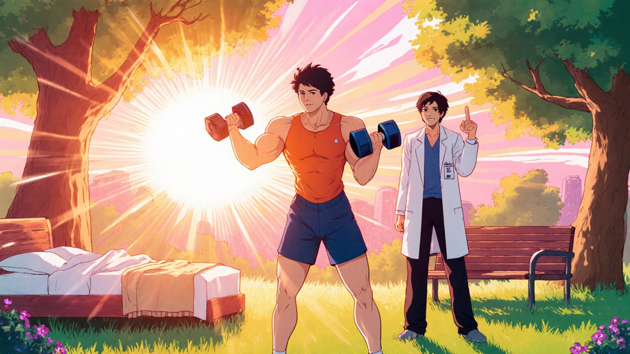 Adult exercising in a sunrise park with a doctor watching, showing renewed energy.