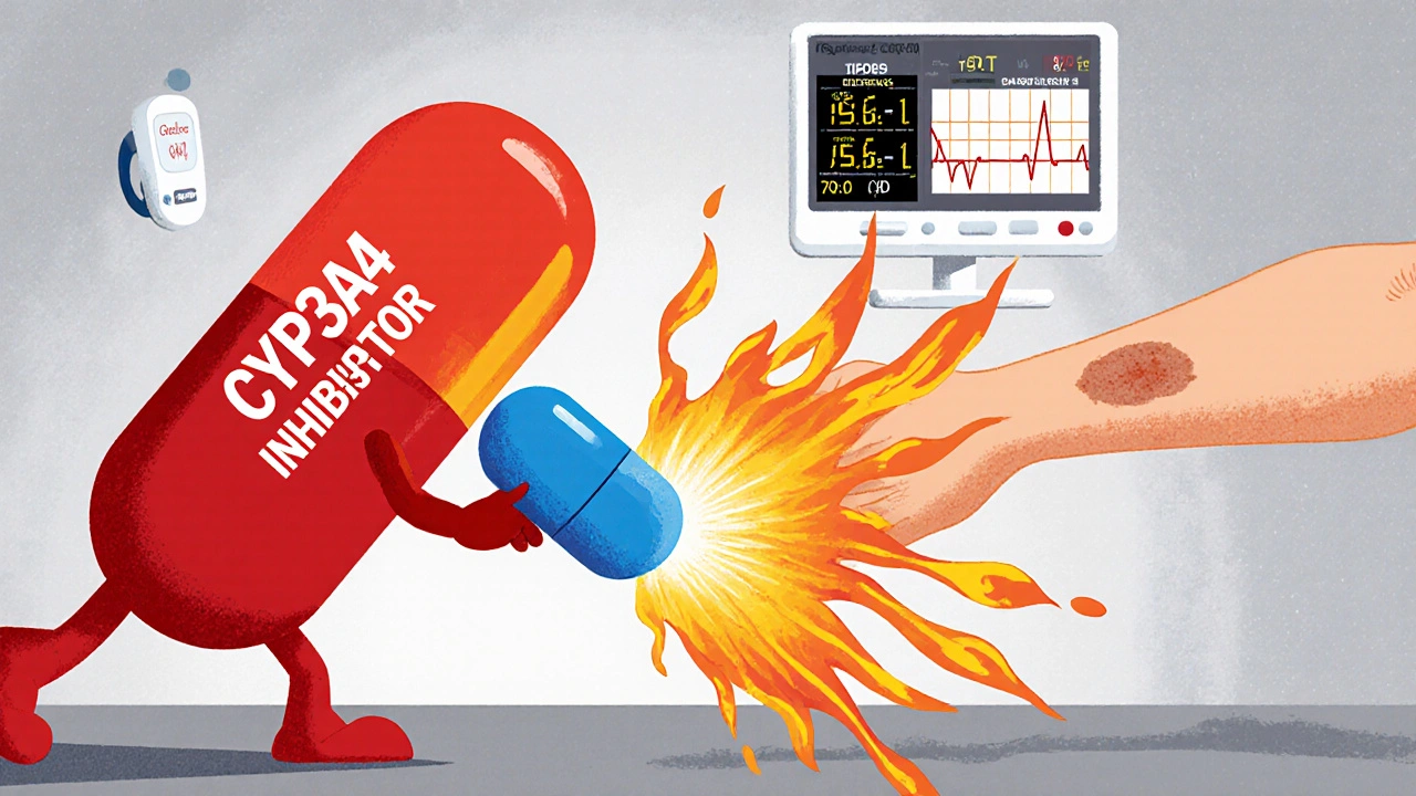 Alpelisib pill clashing with CYP3A4 inhibitor, causing flames, high glucose meter, and rash.