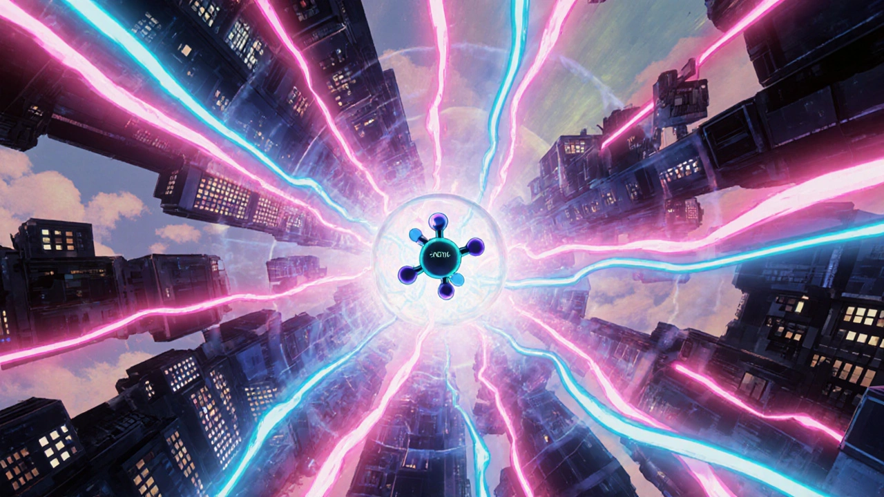 Animated brain synapse with glowing ribbons and a molecule blocking reuptake.