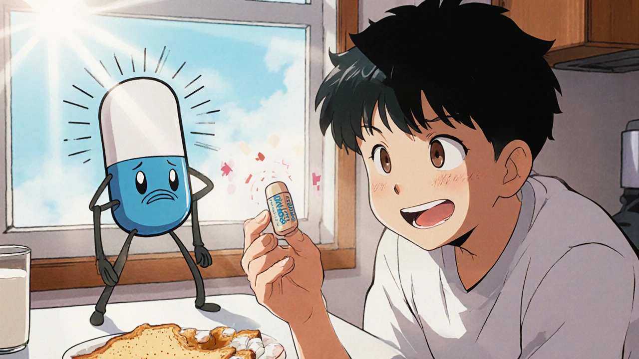 Anthropomorphized amoxicillin and ampicillin pills on a kitchen counter with breakfast.