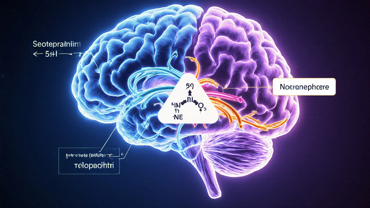Brain diagram showing clomipramine blocking serotonin and norepinephrine.