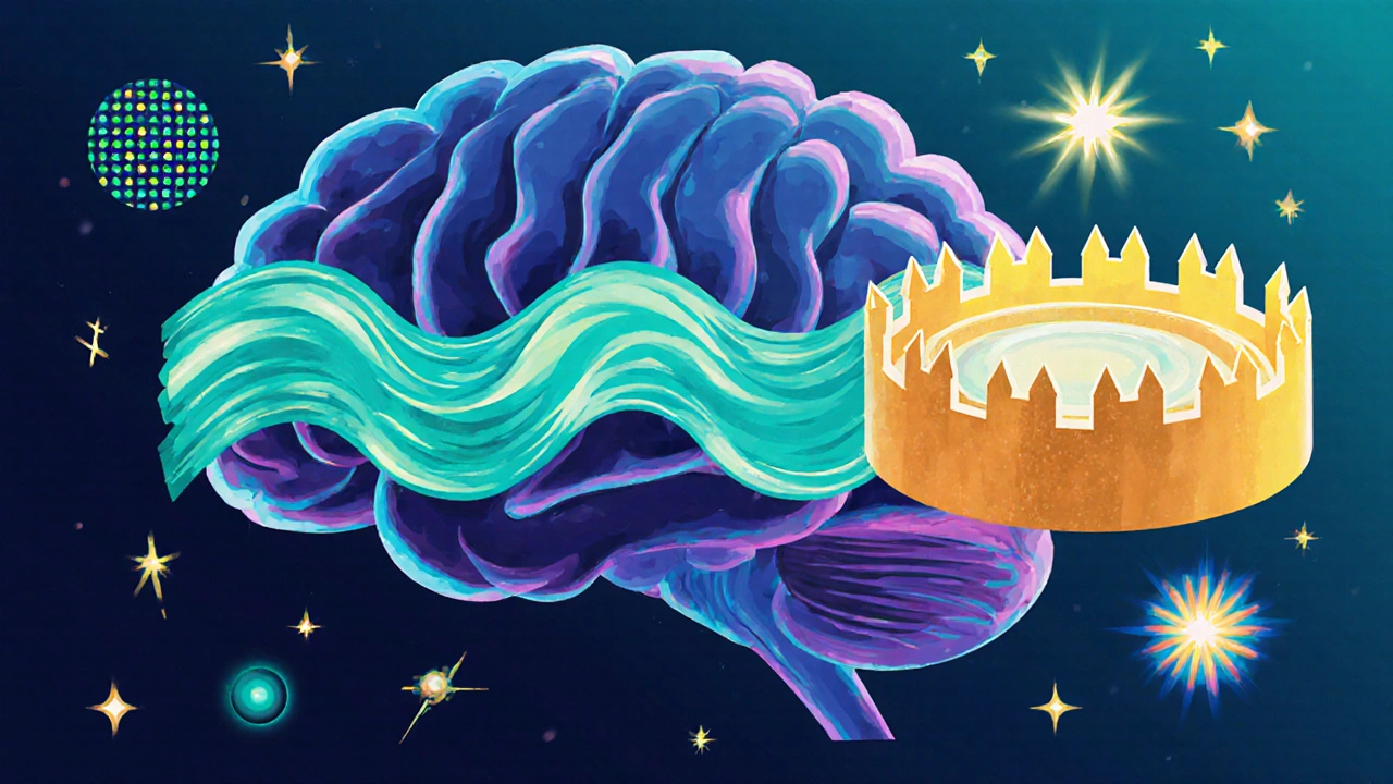 Brain illustration with a wave across the visual cortex and aura patterns like castle walls.
