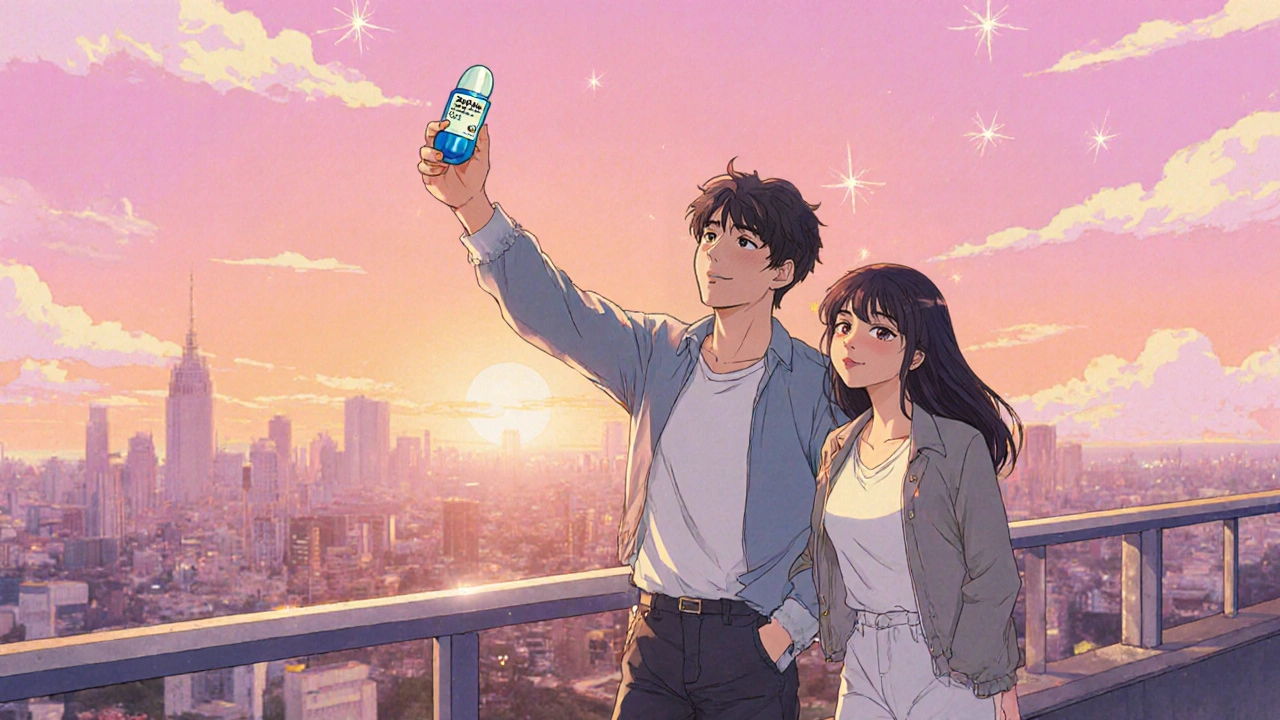 Couple on rooftop at sunset, man holds Zhewitra Soft capsule, feeling confident.