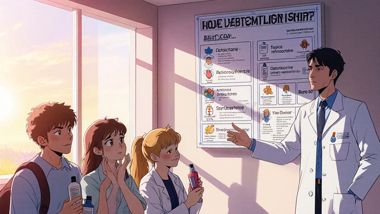 Dermatologist points to decision chart with treatment icons as relieved teen patients watch.