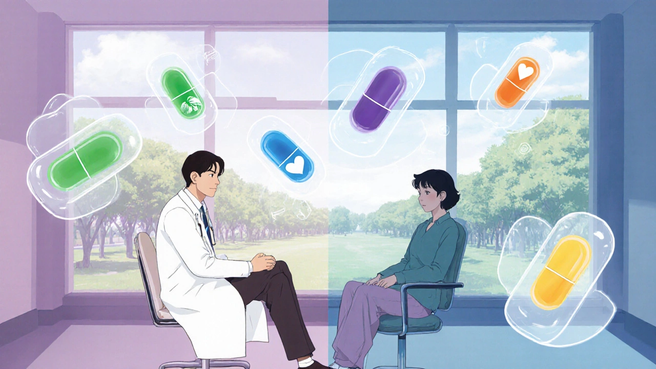 Doctor and patient in a sunny clinic with floating colored capsules representing alternative drugs.