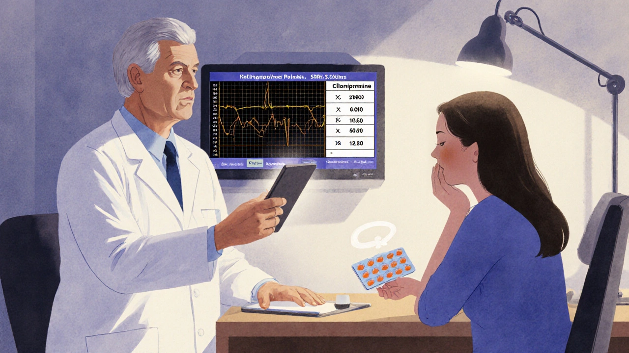 Doctor and patient reviewing clomipramine therapy with ECG monitor.