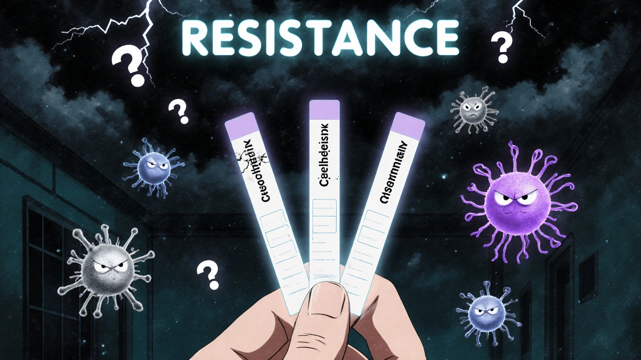Doctor holding a test strip splitting into three antibiotic paths with resistant bacteria.