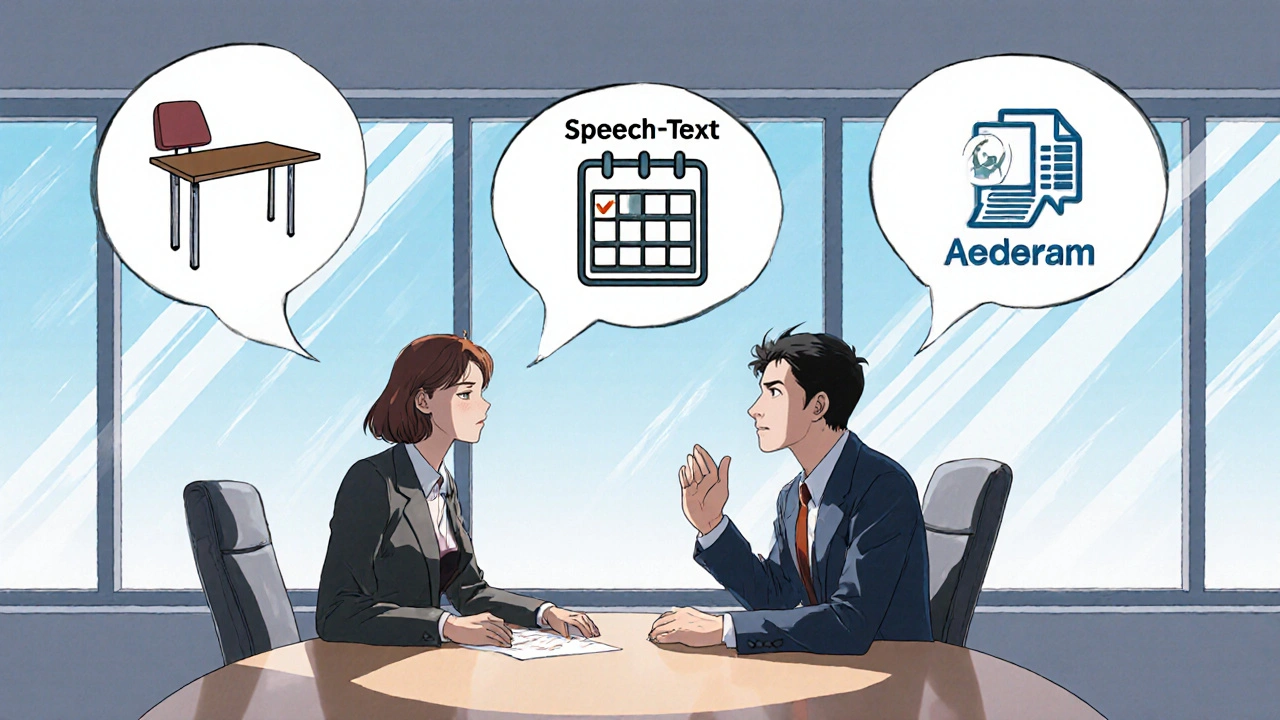 Employee and manager discuss accommodations, surrounded by icons of assistive tools.