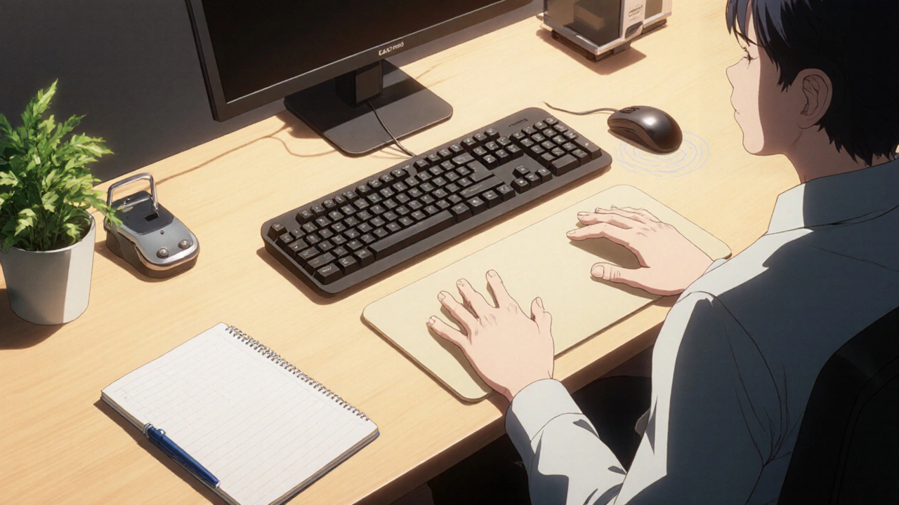 Ergonomic desk with weighted pen, dampening mouse pad, and person doing breathing exercise.