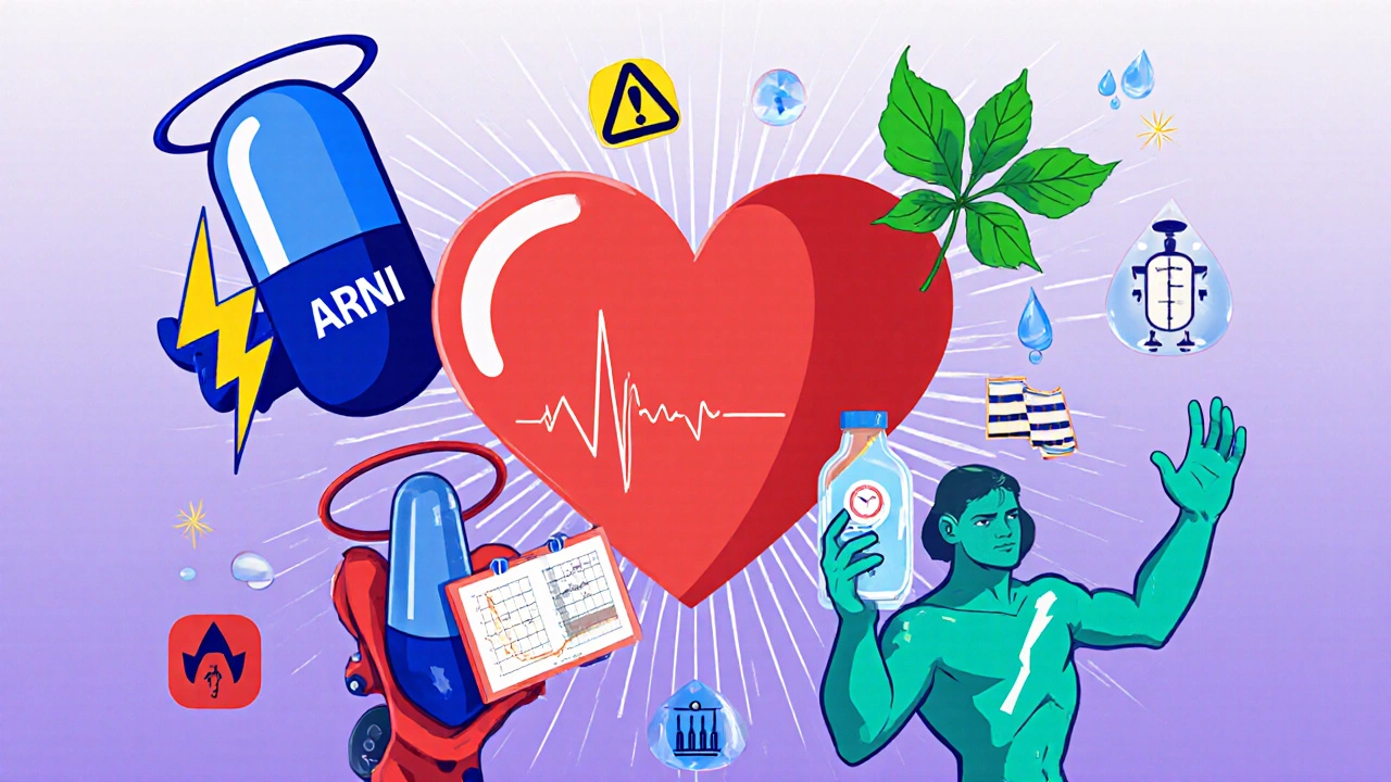Four animated characters represent ARNI, beta‑blocker, MRA, and SGLT2i with monitoring icons.