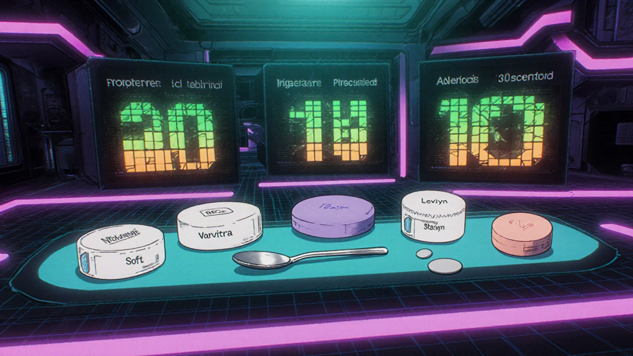 Futuristic lab table shows five ED pills with digital timers and duration bars.
