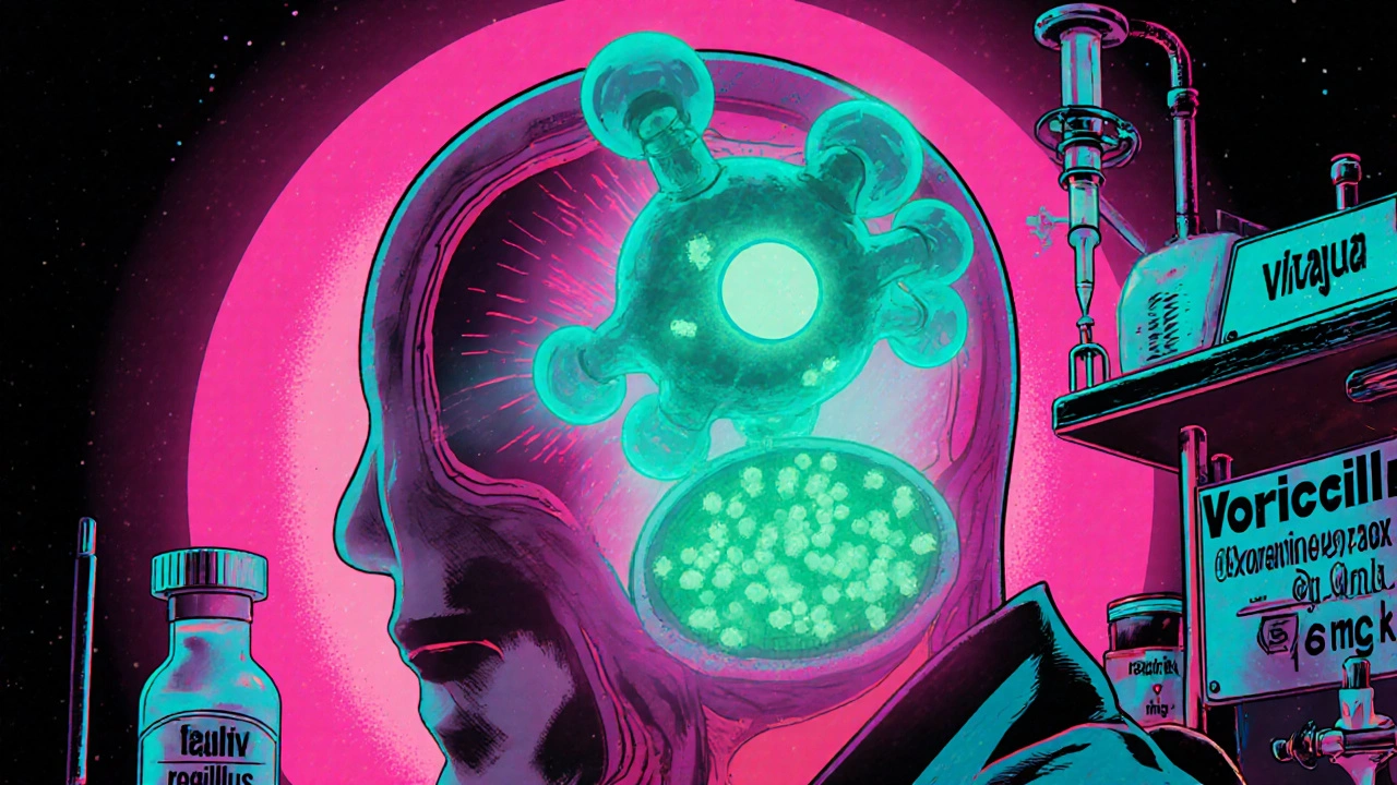 Glowing voriconazole molecule penetrates eye illustration with lab equipment.