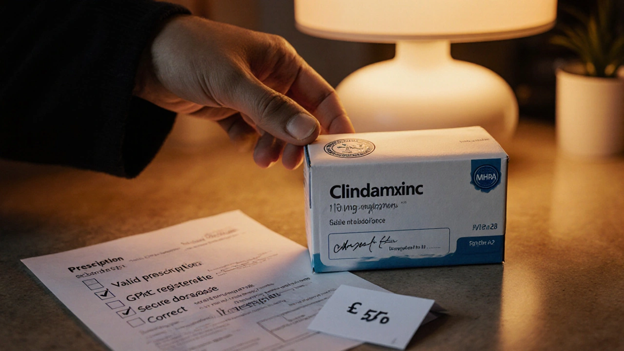 Hand holding a sealed delivery box labeled clindamycin beside a prescription and checklist.