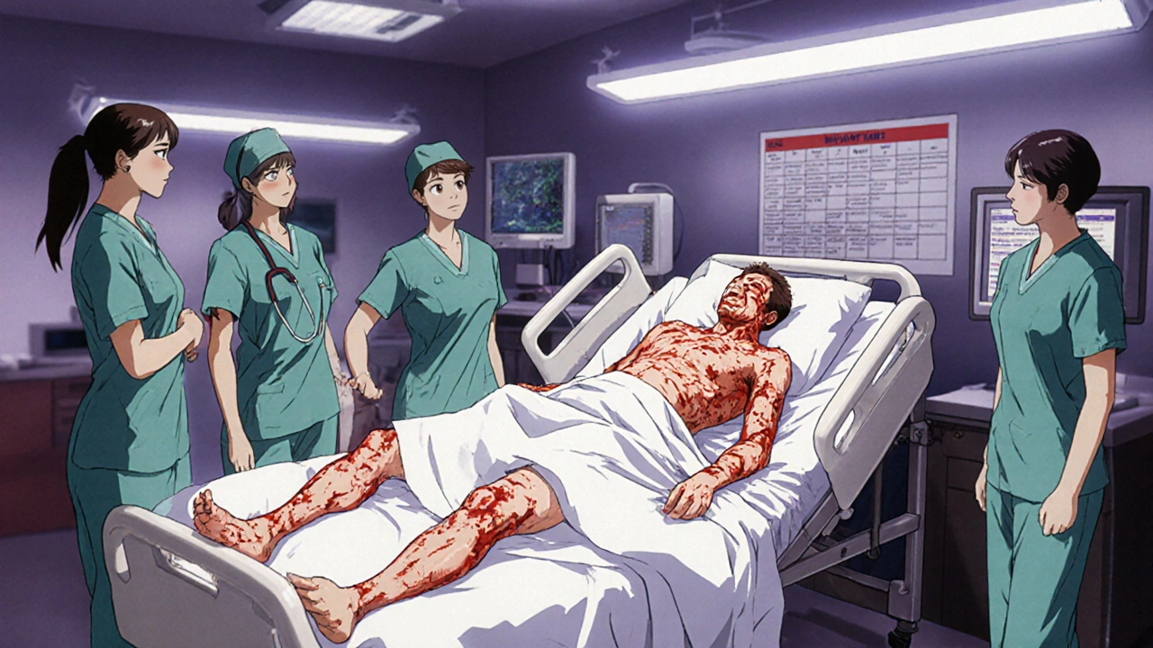 Hospital scene with patient suffering severe blistering skin and mucosal lesions.