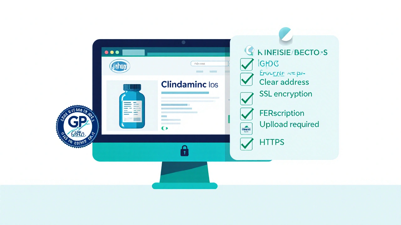 Illustrated computer screen showing a clindamycin product page with legitimacy checklist icons.