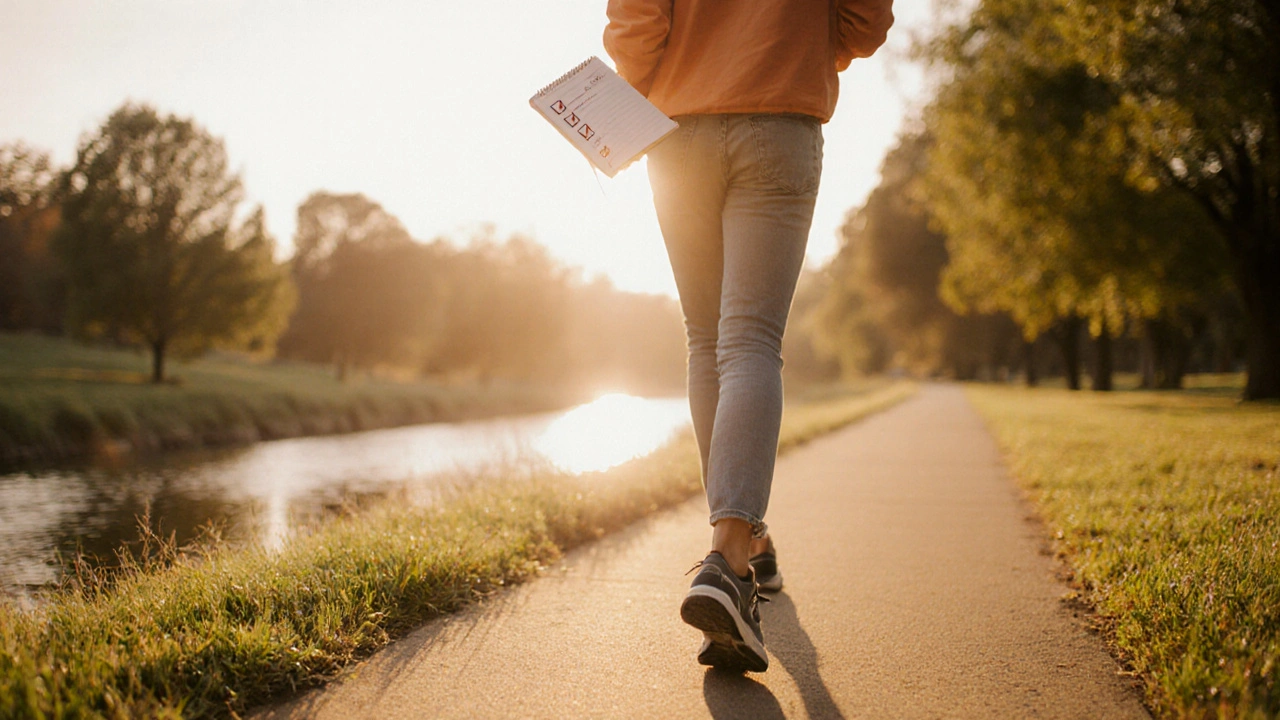 Individual walking confidently in a sunny park, holding a diary representing a coping plan.