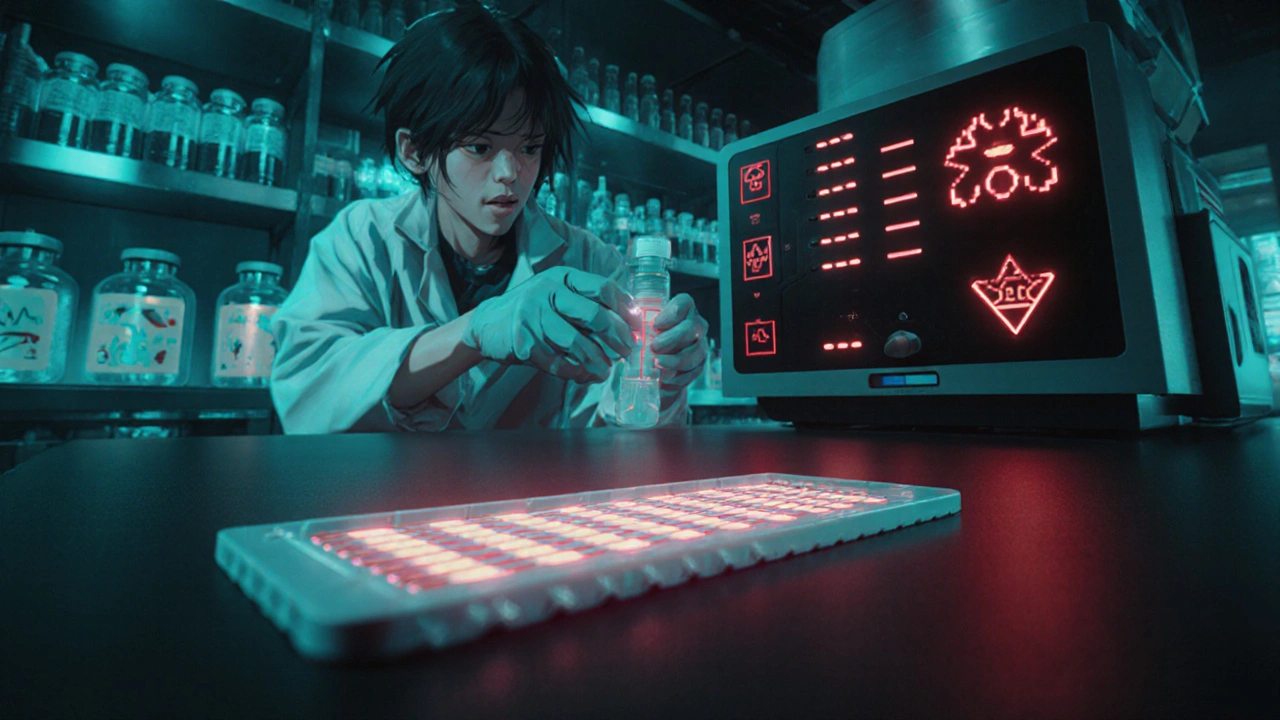 Laboratory view of PCR machine, microfluidic chip, and rapid test strip showing detection lines.