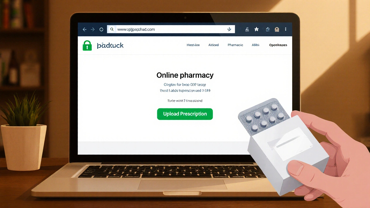 Laptop showing secure pharmacy site and a hand holding a discreet medication delivery box.