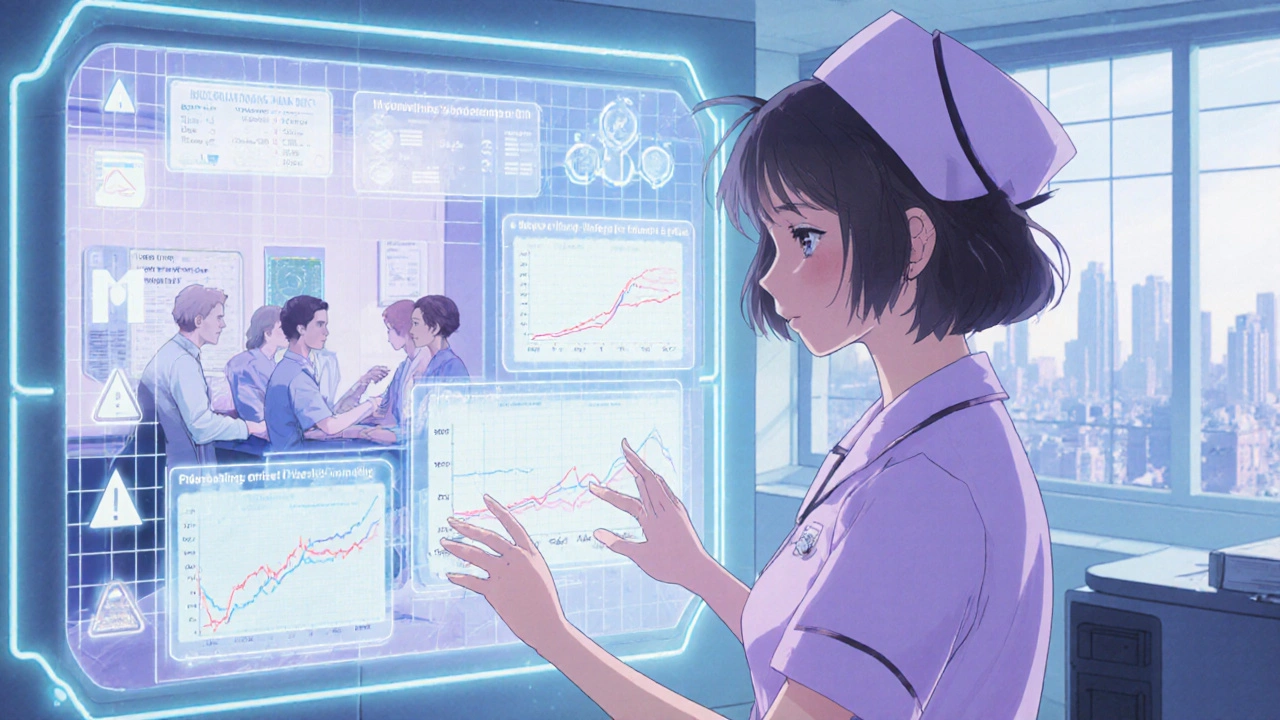 Nurse checks holographic remote‑monitoring dashboard while pharmacist team discusses dosing.
