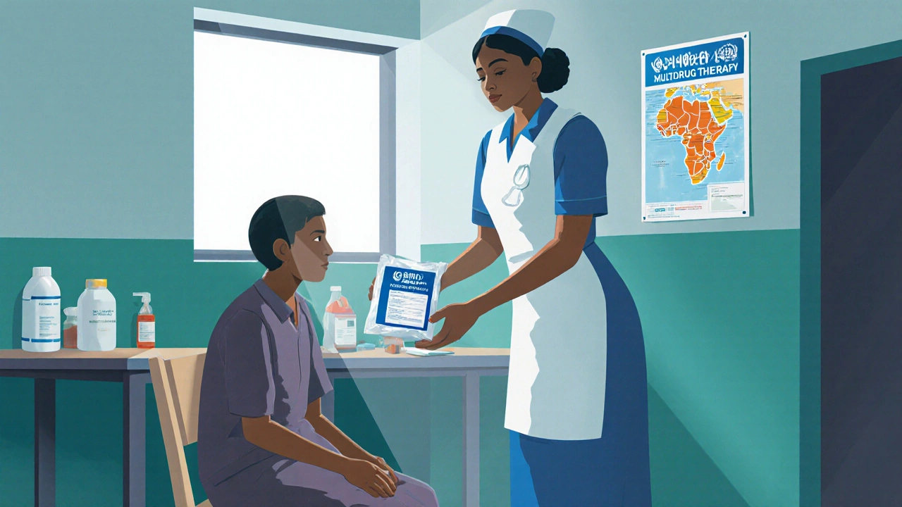 Nurse gives WHO MDT medication pack to patient in a bright rural clinic.