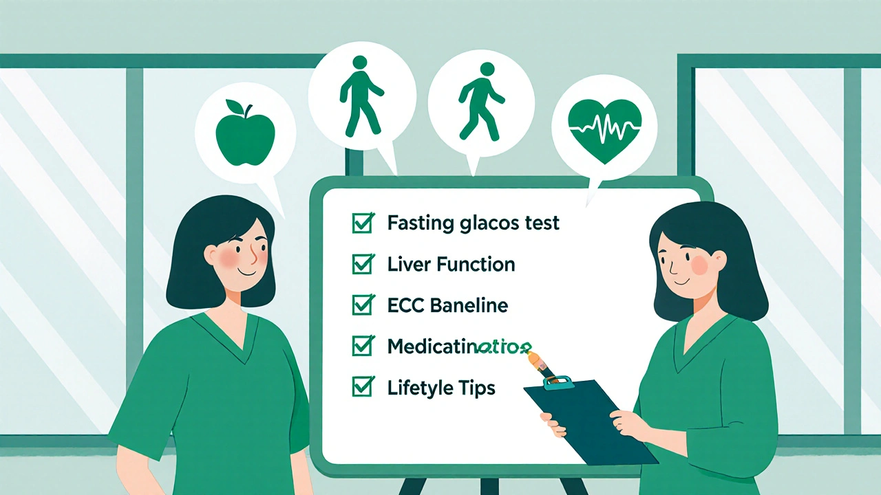 Patient checklist board showing tests, medication list, and healthy lifestyle icons.