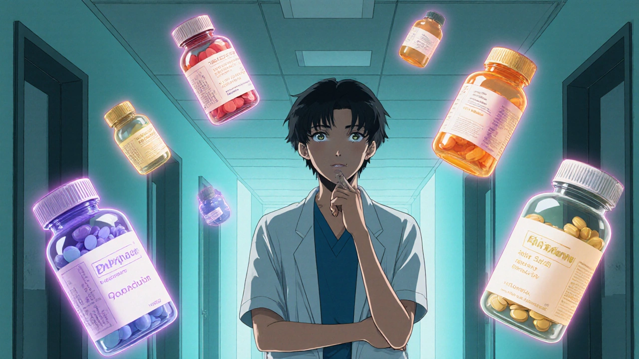 Patient surrounded by floating pill bottles representing various drug classes in a clinic hallway.