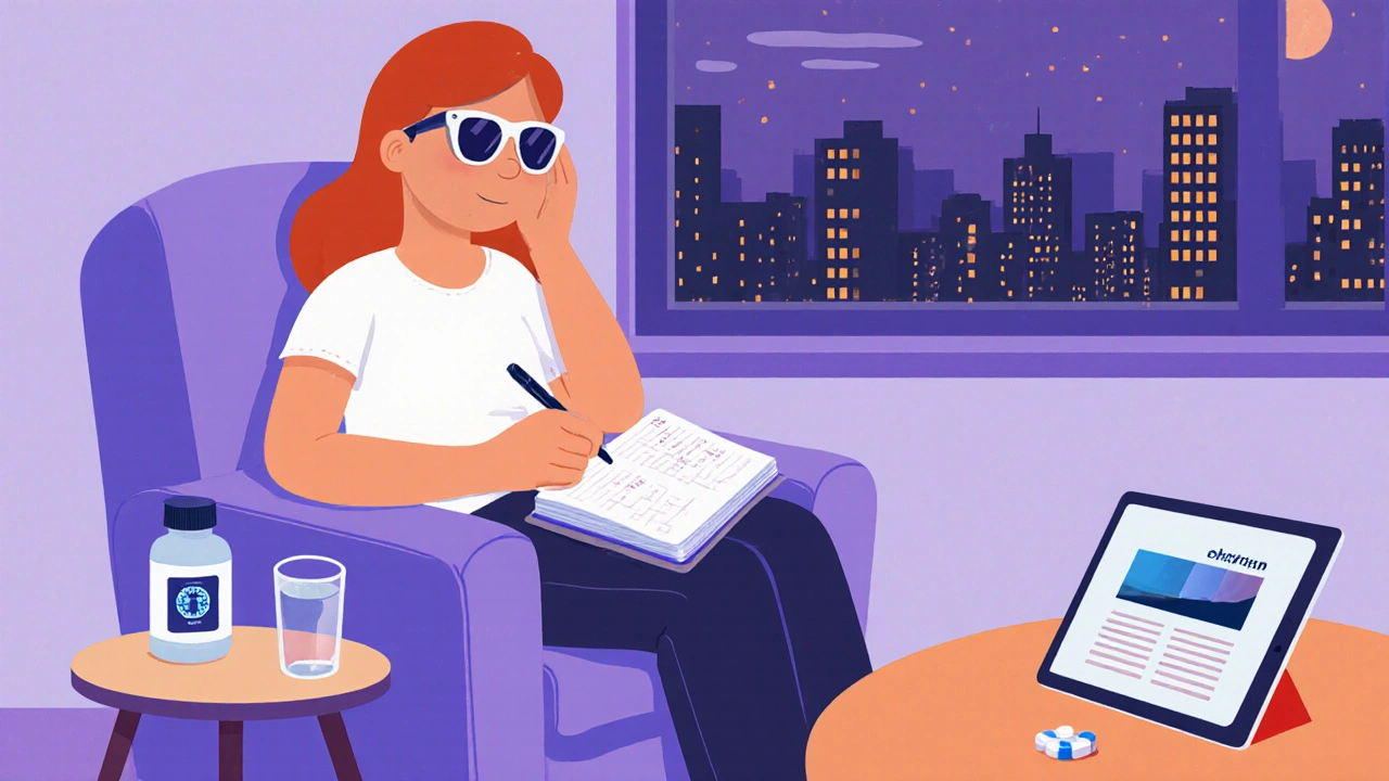 Person managing migraine aura with diary, sunglasses, medication, and blue‑light filter.
