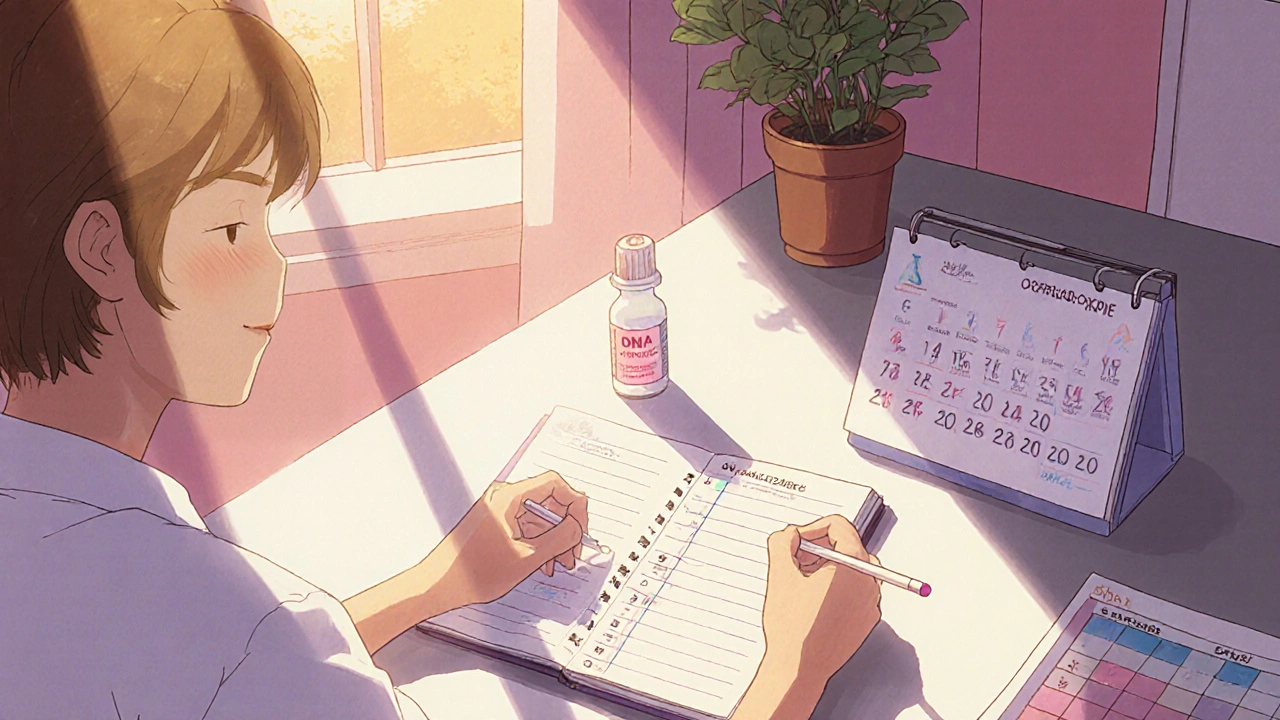 Person reviewing a skin diary, genetic test kit, and medication bottle at home.