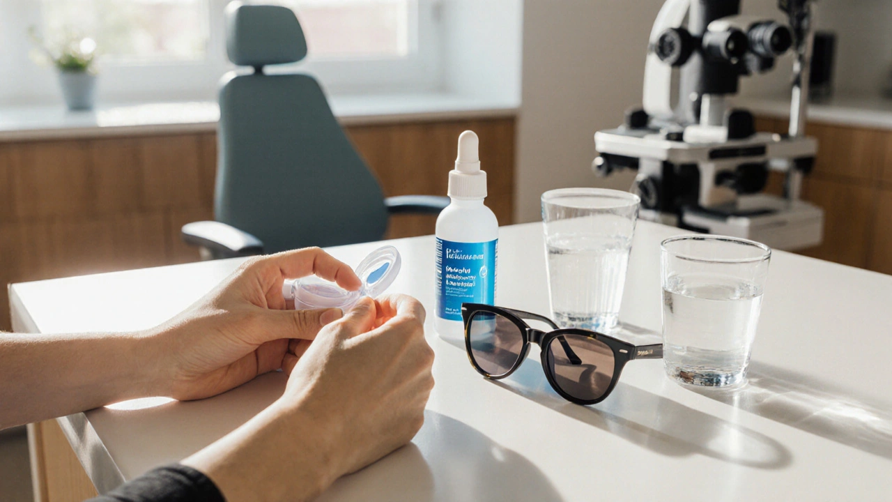 Person using contact lens case, sunglasses, and eye drops in a bright clinic setting.