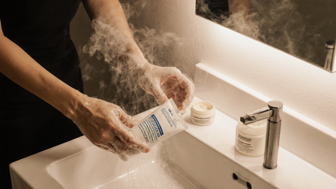 Person washing with antifungal shampoo and applying cream in a bright bathroom.