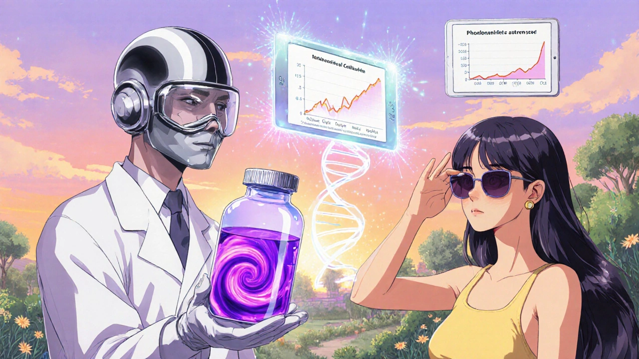 Researcher holds liposomal voriconazole as patient applies sunscreen in hopeful setting.