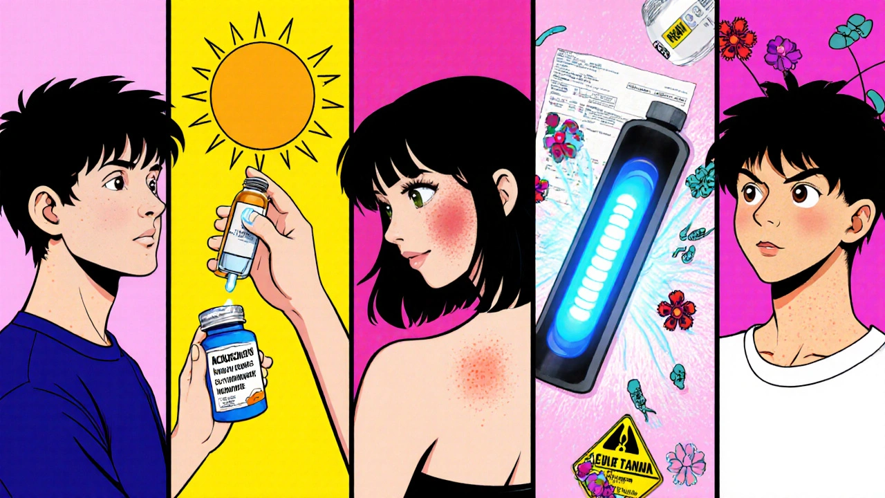 Split‑panel anime shows five acne treatments: doxycycline, tretinoin cream, spironolactone, blue light, Accutane.