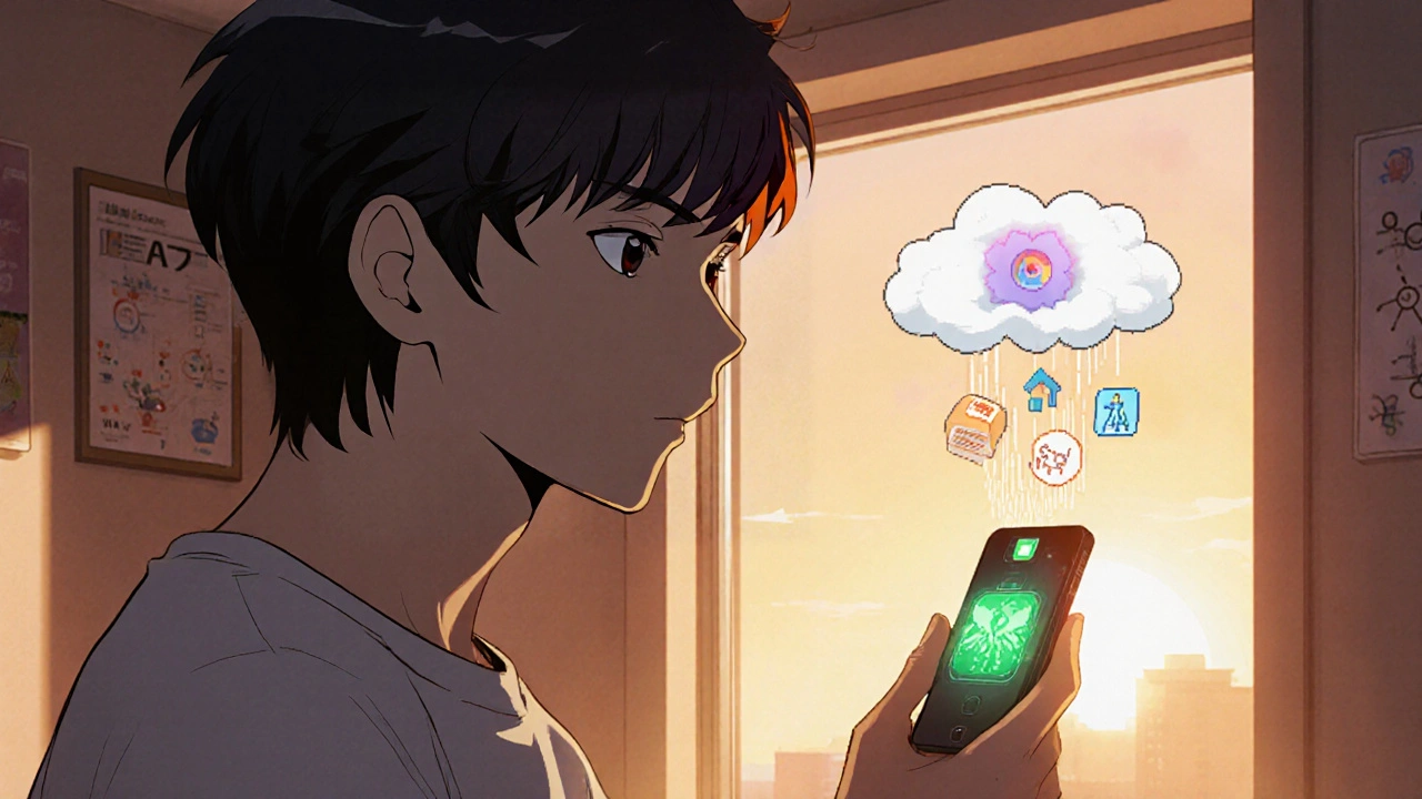 Teen using a pocket HIV test device at home with smartphone data visualization.