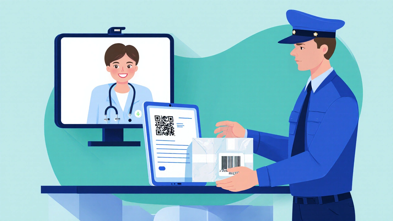 Telehealth doctor on screen, digital prescription on tablet, and courier delivering sealed parcel.