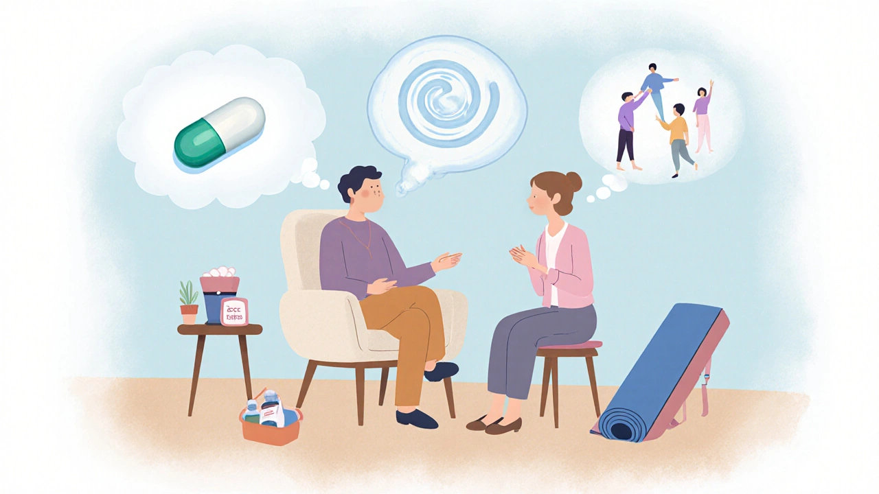 Therapist session showing medication, mindfulness, and support group symbols.