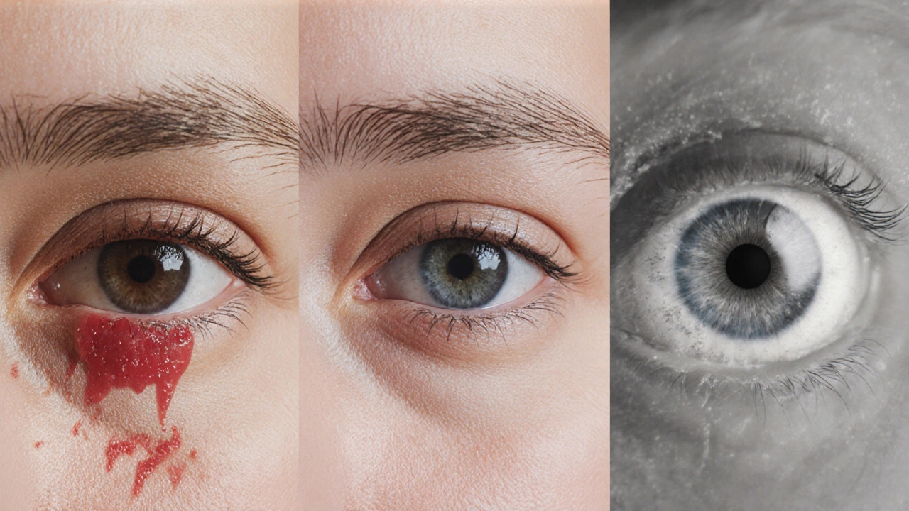 Three close-up eye images depicting uveitis, conjunctivitis, and keratitis.