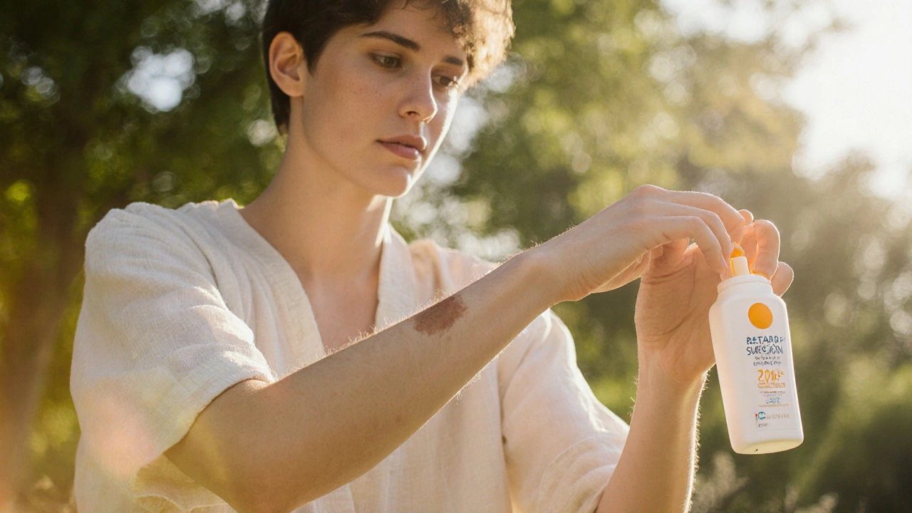 Young adult applying sunscreen outdoors, showing even skin tone under sunlight.
