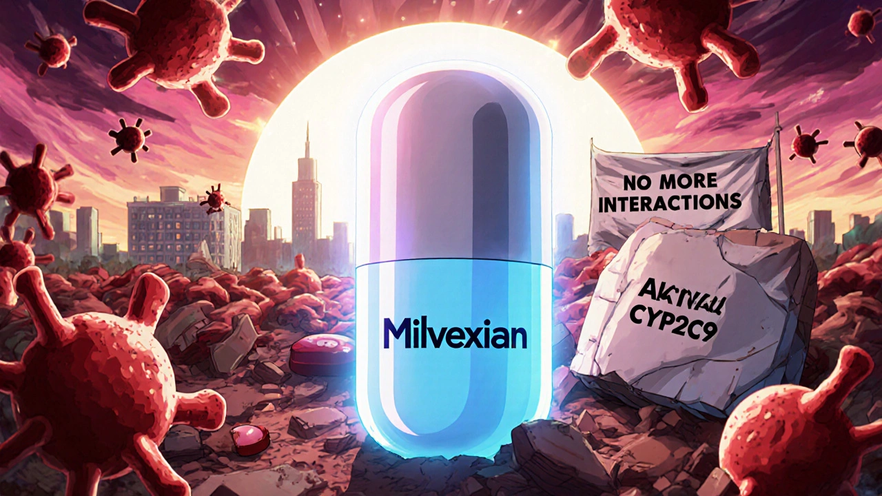 A futuristic blue pill resisting enzyme destruction, symbolizing a new safe anticoagulant.