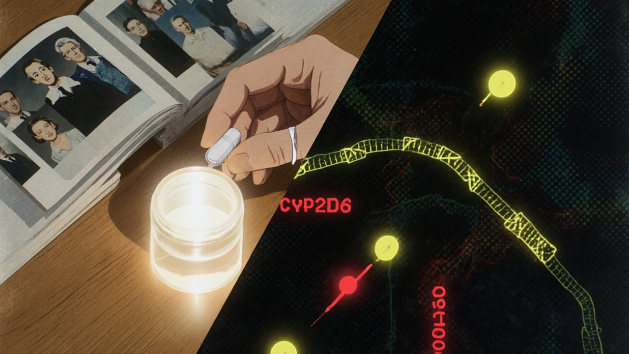 A hand placing a pill beside a genetic test vial, with a family photo on one side and glowing gene markers on the other.
