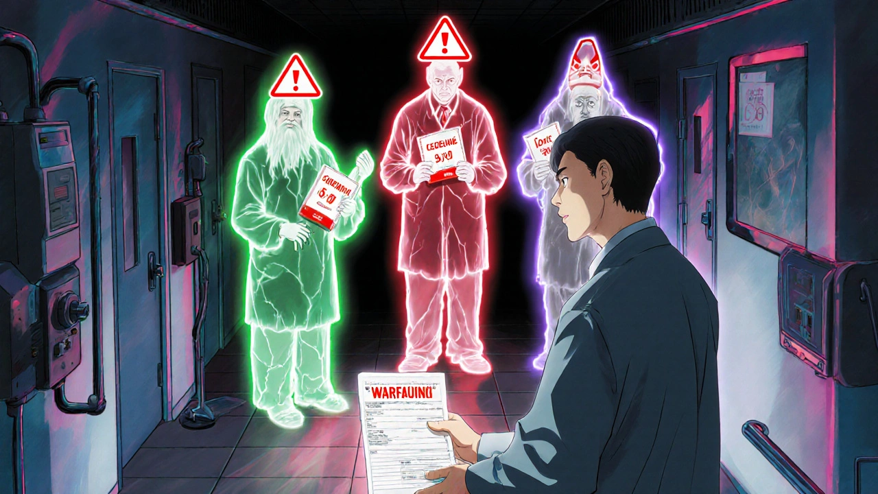 A patient in a hospital hallway with ghostly ancestors holding warning symbols above medications they reacted to.
