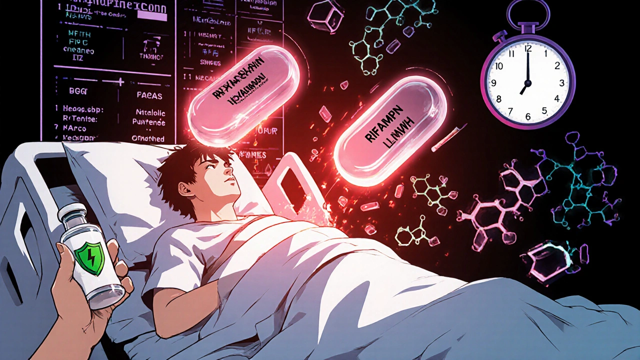 A patient surrounded by crumbling anticoagulant pills while a doctor prepares a safer injection.