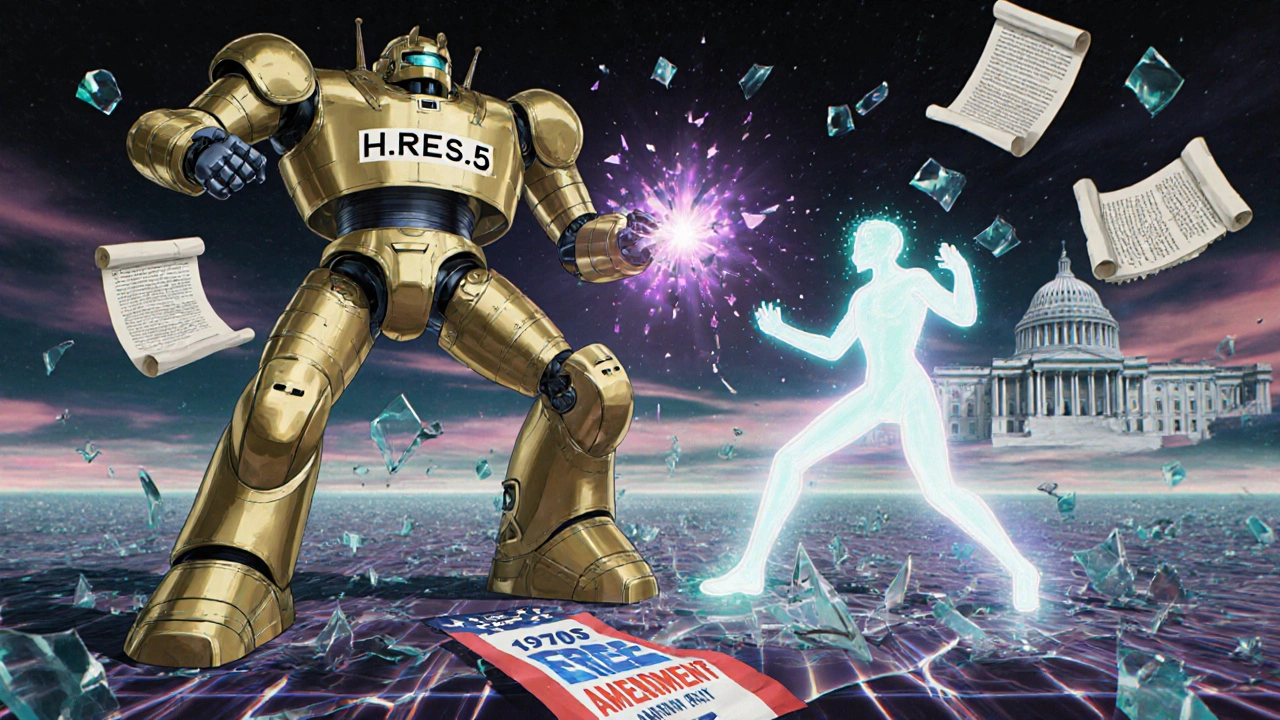 Abstract battle between a golden robot and fragile spirit representing majority control vs. minority input.