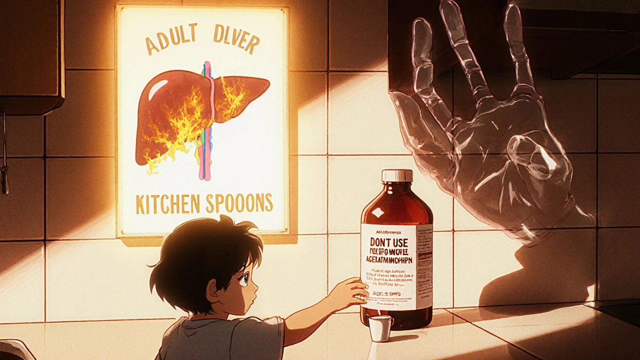 Child reaching for medicine while a giant &#039;ADULT DOSE&#039; shadow looms nearby