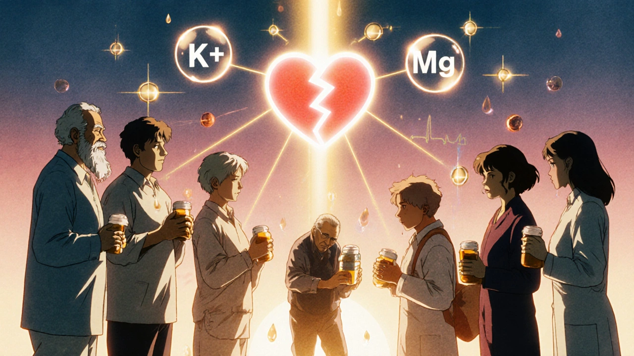 Diverse patients holding meds, golden heart connections, electrolyte orbs, one fainting