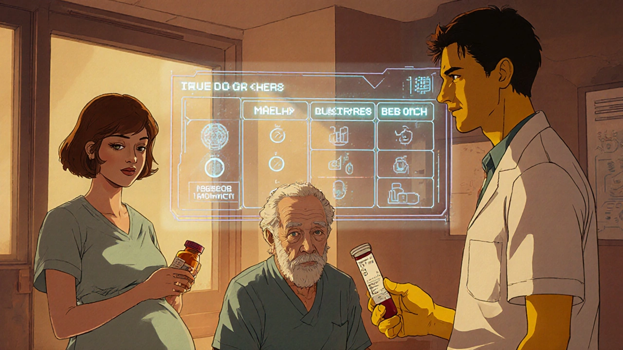Diverse patients in a clinic with a floating drug comparison chart.