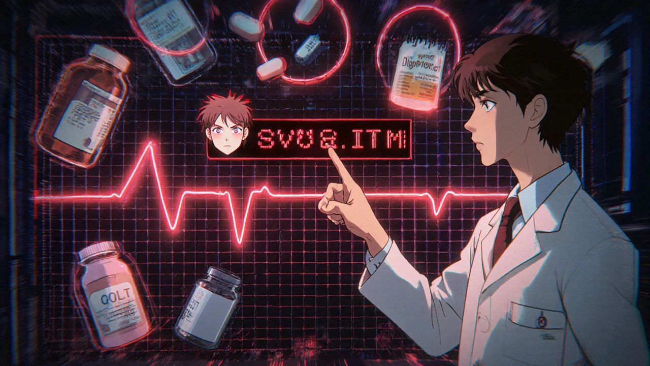 Doctor pointing at ECG monitor with floating high-risk medications and warning halos