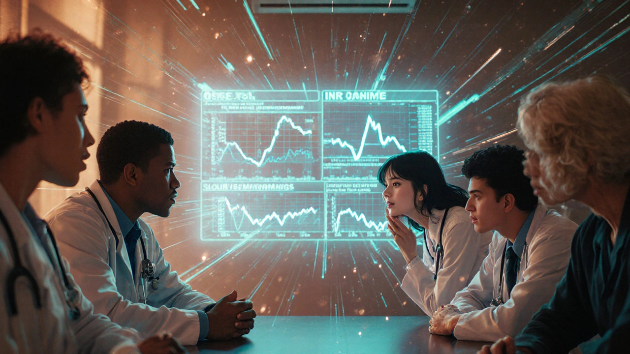 Doctors watching holographic patient data stabilize after switching to generics, 80s anime style.