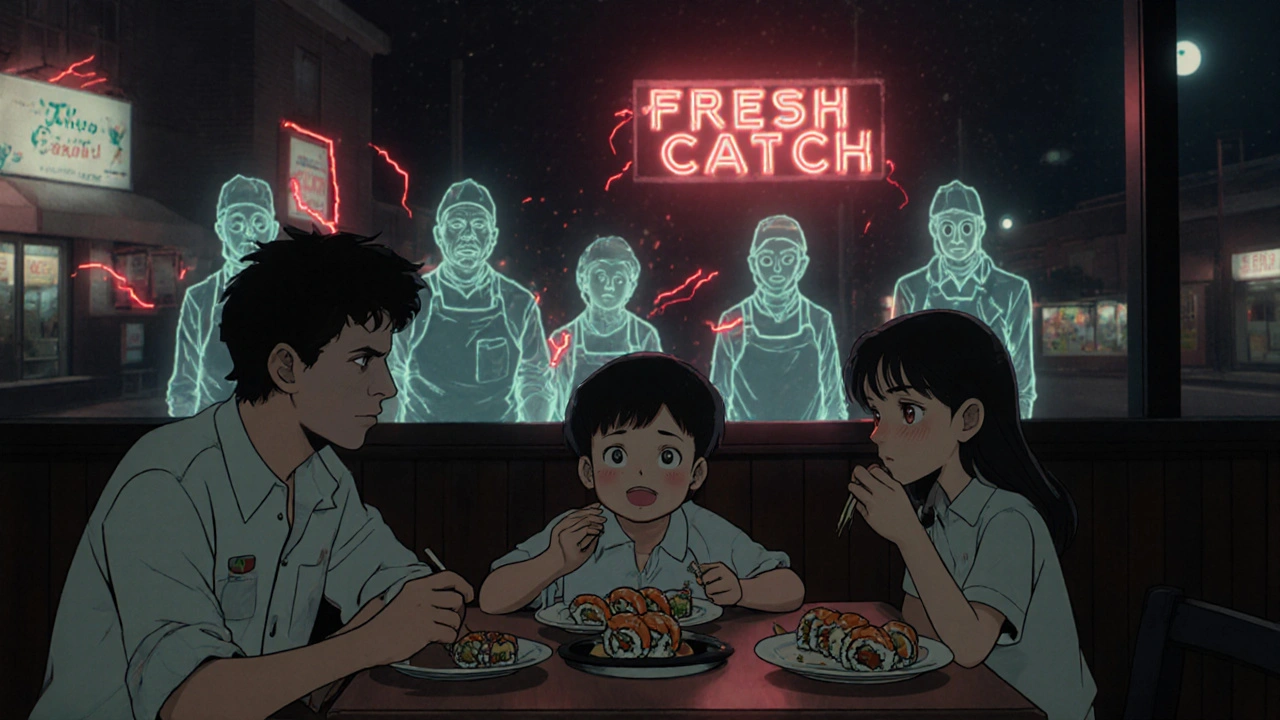 Family eating sushi as ghostly infected workers loom behind them, red virus trails in the air.
