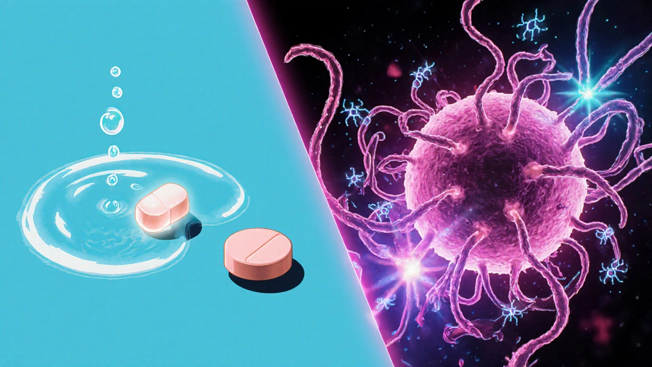 Fluconazole dissolving safely while blocking a fungus&#039;s toxin pump.